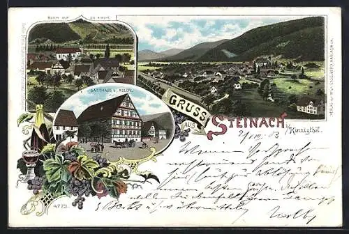 Lithographie Steinach i. Kinzigthal, Gasthaus zum Adler, Blick auf die Kirche