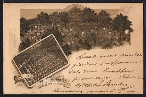 Lithographie Braunschweig, Gasthof Wilhelmsgarten mit Besuchern