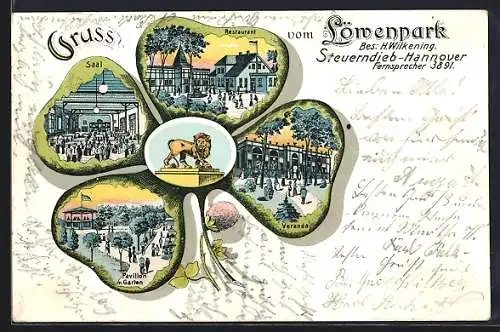Passepartout-Lithographie Steuerndieb-Hannover, Gasthof Löwepark, Bes. H. Wilkening, Ansichten im Kleeblatt