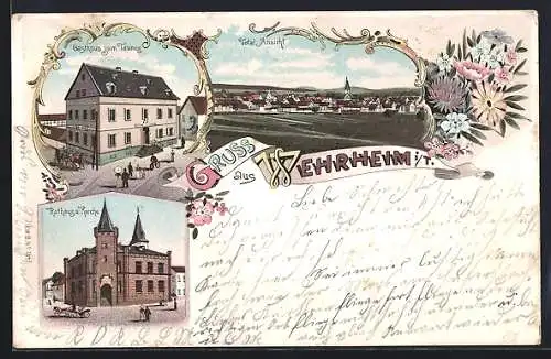 Lithographie Wehrheim i. T., Gasthaus zum Taunus, Rathaus und Kirche