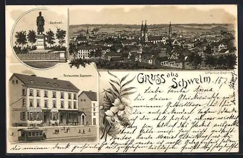 Lithographie Schwelm, Restaurant Siepmann, Denkmal und Totalansicht