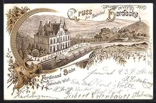 Lithographie Herdecke, Bahnhof mit Restaurant von Ferdinand Stibbe