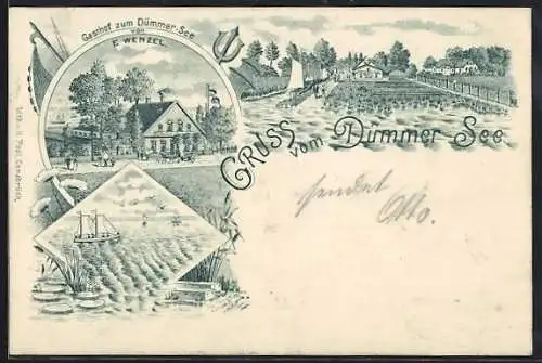 Lithographie Hüde / Damme, Gasthof zum Dümmer-See, Segelboot, Ortspartie