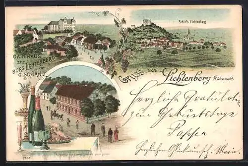 Lithographie Lichtenberg i / Odenwald, Gasthaus zur Burg Lichtenberg, Ortspartie, Schloss