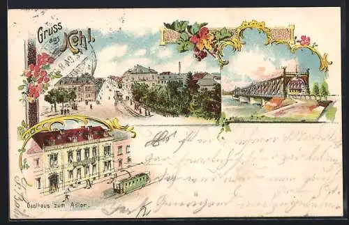 Lithographie Kehl, Gasthaus zum Adler mit Strassenbahn