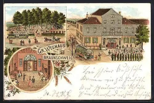 Lithographie Braunschweig, Gasthaus zum gr. Weghause mit Strassenbahn