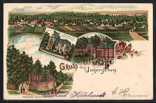 Lithographie Ingersleben, Gasthaus Felsenkeller v. E. Zaumseil mit Gartenlokal, Villa d. Herrn Ökonomierat Wagner