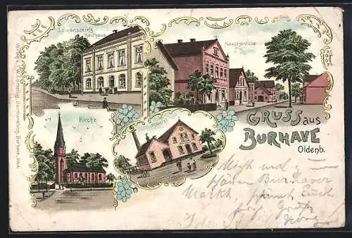 Lithographie Burhave /Oldenb., Lewenstein`s Kaufhaus, Kirche, Hauptstrasse und Molkerei