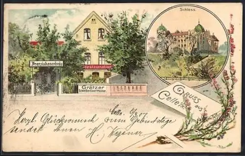 Lithographie Celle i. H., Restaurant Franziskanerbräu mit Garten, Schloss