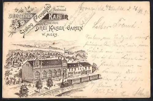 Lithographie Cronenfeld, Bahnhof mit Restaurant Drei Kaiser-Garten, Bes. W. Mees