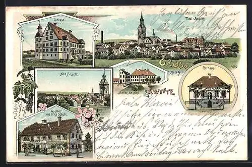 Lithographie Erwitte, Gasthof von Fritz Schulte, Schloss, Rathaus, Marien-Hospital, Gesamtansicht