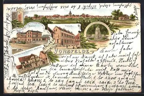 Lithographie Vorsfelde, Gesamtansicht, Bahnhof, ältestes Haus erbaut 1592, Postamt & Kriegerdenkmal