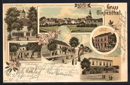 Lithographie Biesenthal / Mark, Adermanns Hotel, Bahnhof, Schützenhaus und altes Rathaus