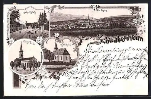 Lithographie Sauer-Schwabenheim, Totalansicht, Marktplatz, Ev. Kirche
