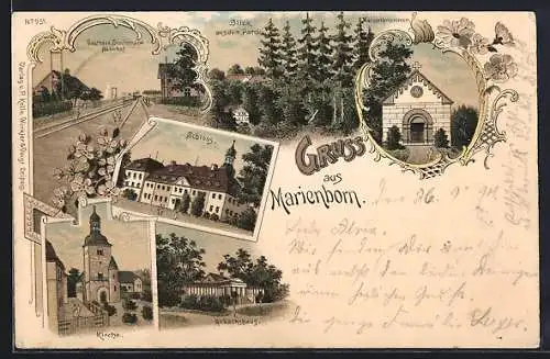 Lithographie Marienborn / Börde, Marienbrunnen, Gasthaus Steinemann Bahnhof, Schloss, Kirche, Gewächshaus
