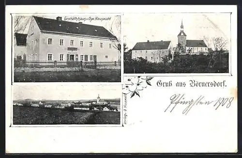 AK Börnersdorf, Geschäftshaus v. Osw. Hauswald, Kirche und Ortspanoram