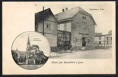 AK Sonneborn b. Gotha, Gasthaus zur Post, Blick auf die Kirche
