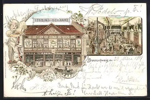 Lithographie Braunschweig, Gasthaus Lessing-Schänke mit Wintergarten