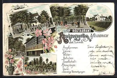 Lithographie Meiderich, Restaurant Kaisergrün mit Brunnen und Gartenanlage