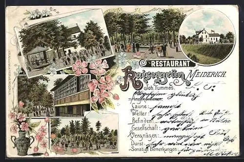 Lithographie Meiderich, Restaurant Kaisergrün mit Brunnen und Gartenanlage