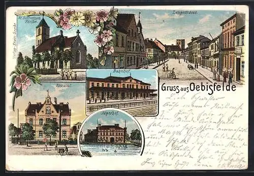 Lithographie Oebisfelde, Bahnhof, Gasthaus Jägerhof, Langestrasse und Postamt