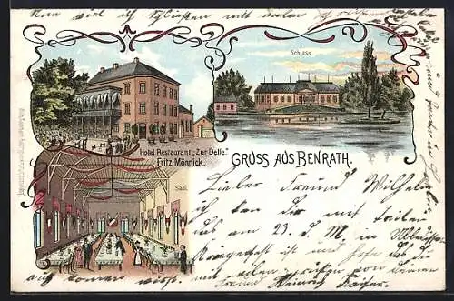 Lithographie Benrath, Hotel Restaurant Zur Delle, Bes. Fritz Mönnick, Schloss
