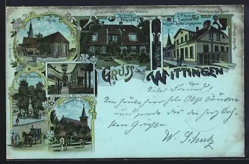 Mondschein-Lithographie Wittingen, Superintendentur, Wohnhaus des Pastors, Kirche und Kriegerdenkmal