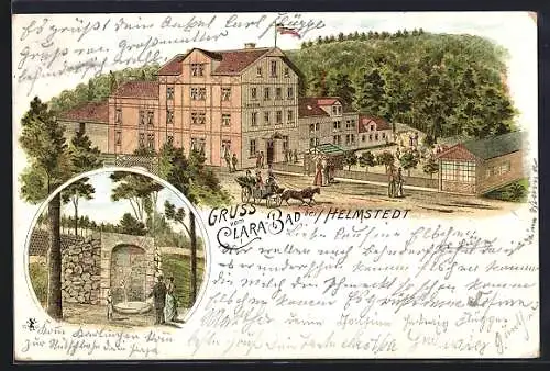 Lithographie Helmstedt, Gasthaus Clara-Bad mit Besuchern