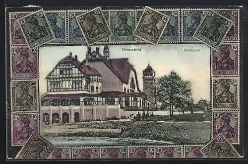 AK Remscheid, Gasthof im Stadtpark, Briefmarken-Passepartout