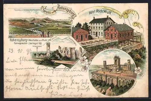 Lithographie Hohensyburg, Hotel Rich. Wulf, Kaiser Wilhelm Denkmal, Ruine Hohensyburg