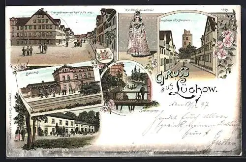 Lithographie Lüchow / Dannenberg, Gasthaus Schützenhaus, Burgstrasse mit Schlossruine, Bahnhof