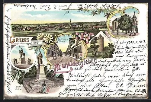 Lithographie Neuhaldensleben, Kriegerdenkmal, Roland, Pulverturm