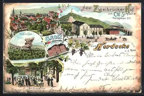 Lithographie Herdecke a. d. Ruhr, Hotel Zweibrücker Hof, Bes. C. W. Schulte, Lehrerseminar, Teufelskanzel