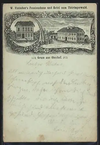 Lithographie Oberhof / Thüringen, Pension und Hotel zum Thüringerwald, Bes. W. Fleischer