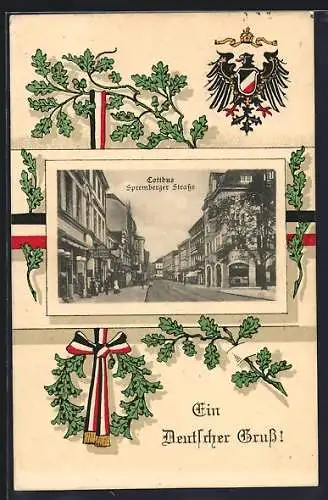 AK Cottbus, Spremberger Strasse mit Geschäften, Eichenlaub, Reichsadler