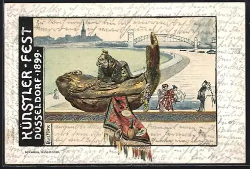 Künstler-AK Düsseldorf, Künstler-Fest 1899, Uferpartie mit Brücke, Jugendstil