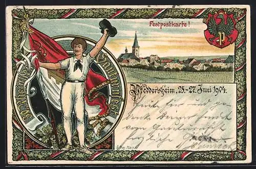 Lithographie Pfeddersheim, 30. Rheinhessisches Gauturnfest 1904, Turner mit Fahne, Ortsansicht