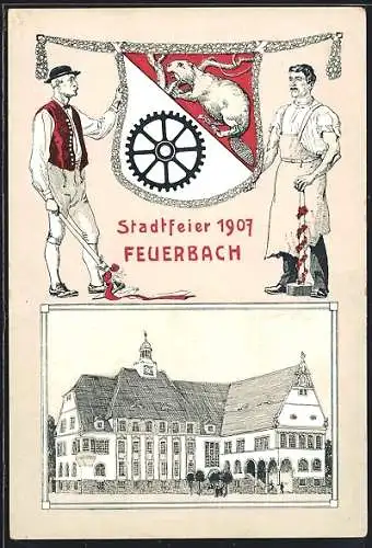 Künstler-AK Feuerbach / Stuttgart, Stadtfeier zur Erinnerung an Grundsteinlegung des Rathauses 1907, Rathaus