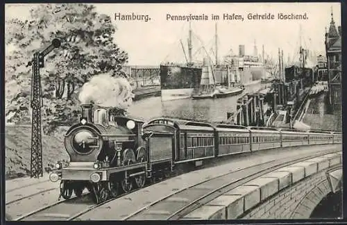 Grusskarten-AK Hamburg, Dampfer Pennsylvania im Hafen, Getreide löschend, Fahrende Eisenbahn