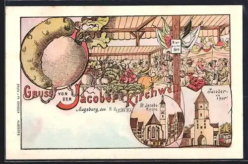 Künstler-AK Augsburg, Volksfest Jakober Kirchweih, Jacoberthor und St. Jacobs-Kirche