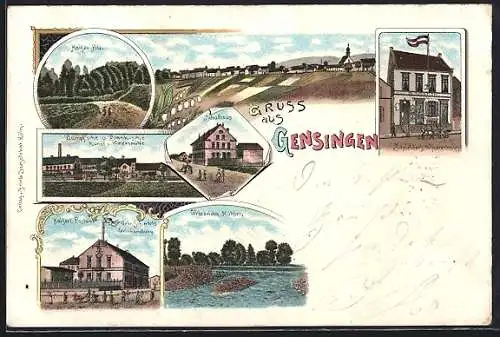 Lithographie Gensingen, Kaiser Au, Schneiders Warenhandlung, Schulhaus und Ortspanorama