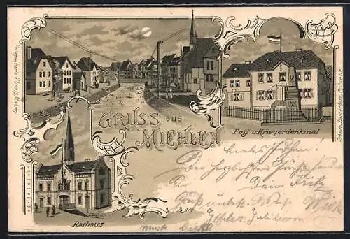 Lithographie Miehlen, Rathaus, Post und Kriegerdenkmal, Strassenpartie