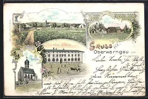 Lithographie Oberwarngau, Gasthaus von Joh. Ehrl, Taubenberg und Pfarrdorf
