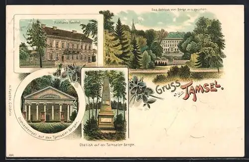 Lithographie Tamsel, F. Urbans Gasthof, Das Schloss, Obelisk