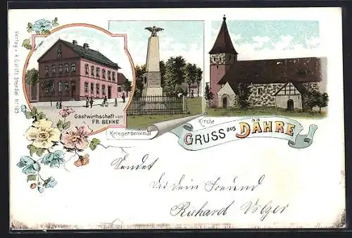 Lithographie Dähre, Gasthaus von Fr. Behne, Kriegerdenkmal und Kirche