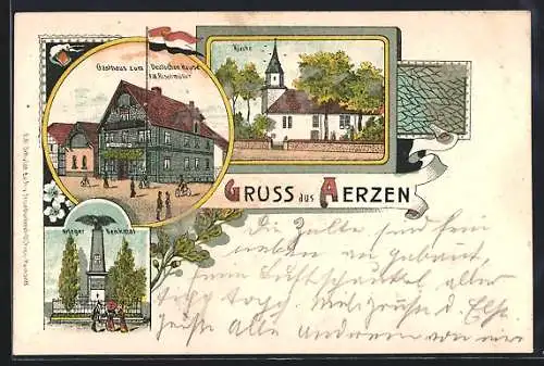Lithographie Aerzen, Gasthaus zum Deutschen Hause, Bes. F. W. Rischmüller, Kirche