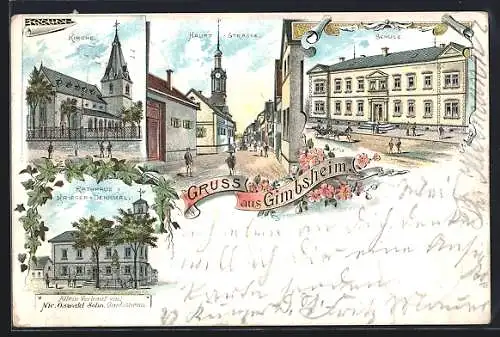 Lithographie Gimbsheim, Schule, Hauptstrasse und Rathaus