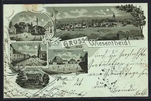 Lithographie Wiesentheid, Marktplatz und Rathaus, Kirche und Schloss, Marienplatz