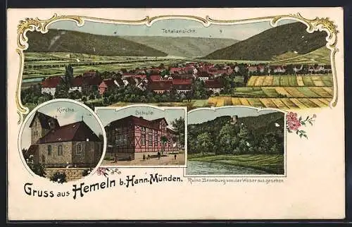 Lithographie Hemeln b. Hann. Münden, Schule, Kirche und Totalansicht