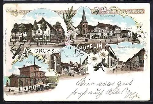 Lithographie Kröpelin, Hanses Hotel, Bahnhof, Rostockerstrasse, Kirche & Rathaus